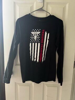 Black 'Trauma Team' Graphic Long Sleeve Tee with Flag Design